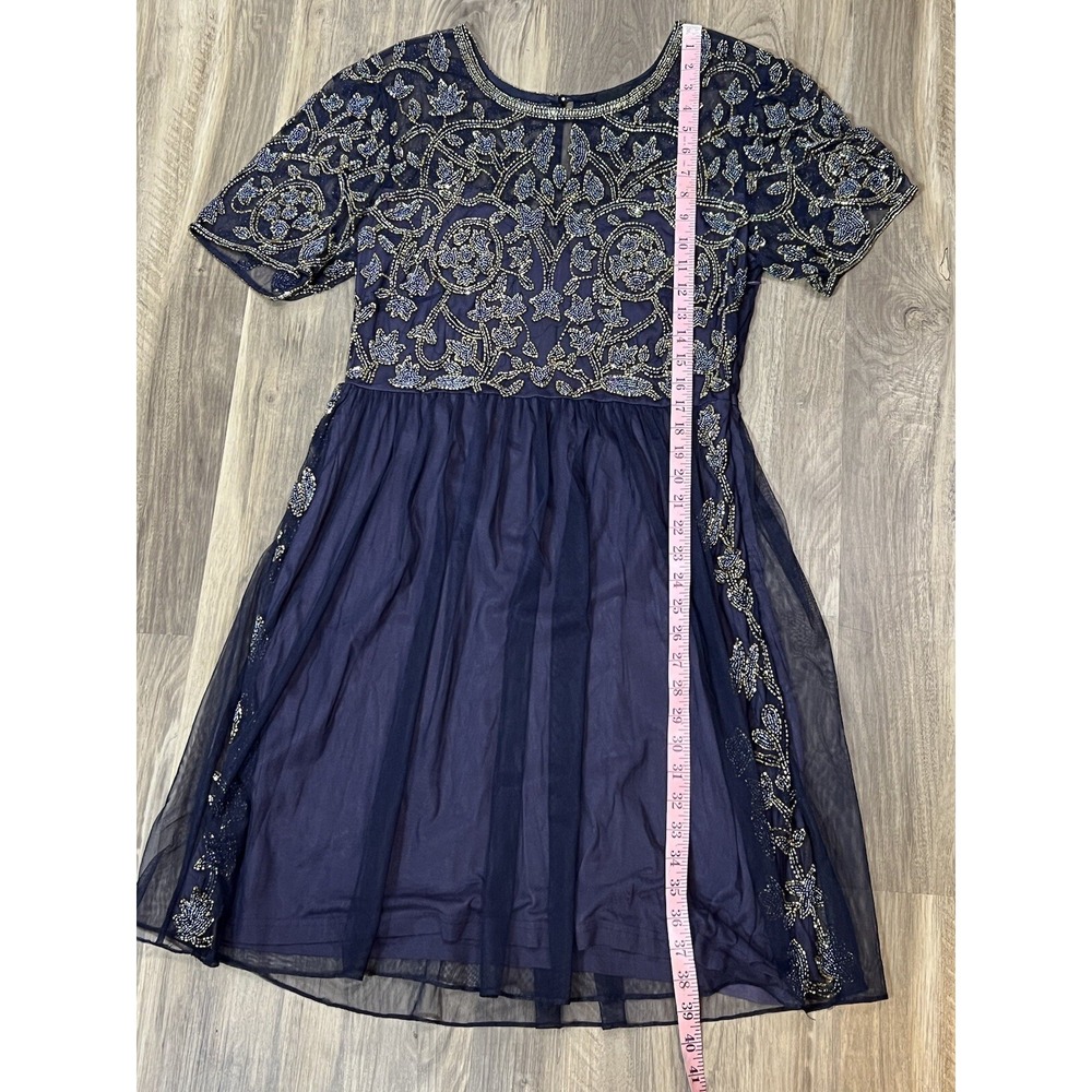 ASOS Dress Women 14 Navy Blue Beaded Short Sleeve Sequin‎ Bling Wedding Guest - Picture 10 of 11
